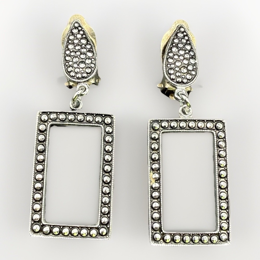 Vintage West Germany Silver Tone Dangle Clip On Earrings Rectangular Floral